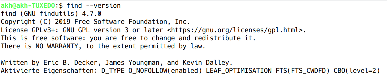 Linux cmd find --version